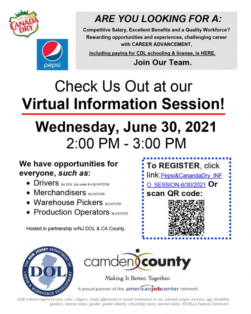 Pepsi & Canada Dry Job Recruitment Camden County, NJ